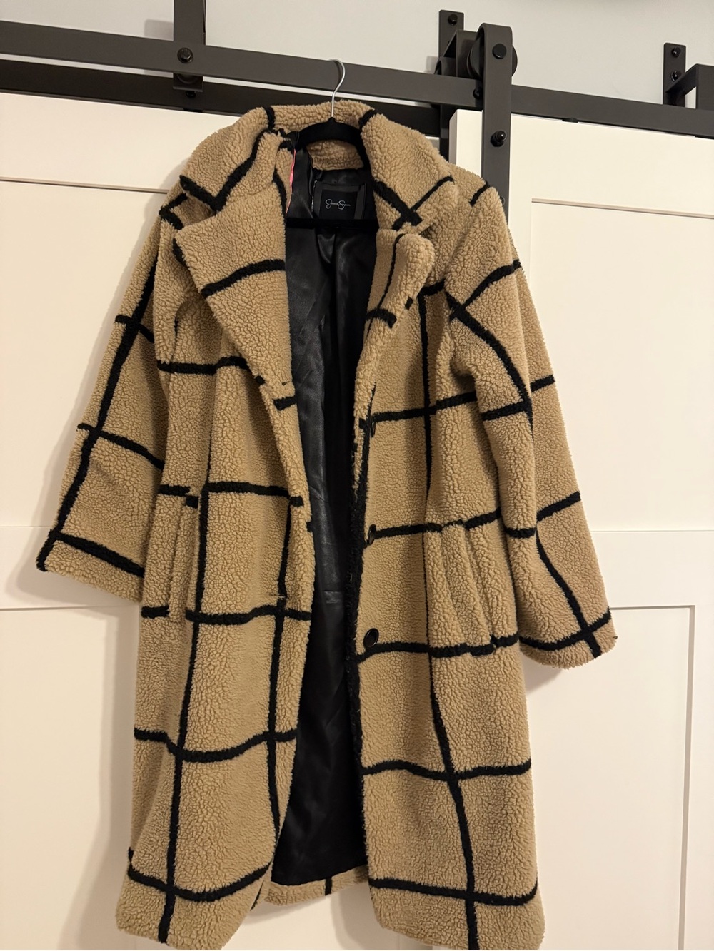 Jessica Simpson Beige Teddy Coat with Black Windowpane
